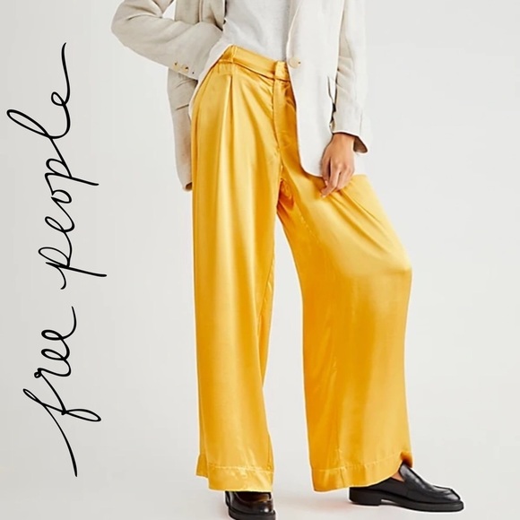 Free People Good Days Satin Wide Leg Trousers in Golden Glow Size Small EUC - Picture 1 of 4